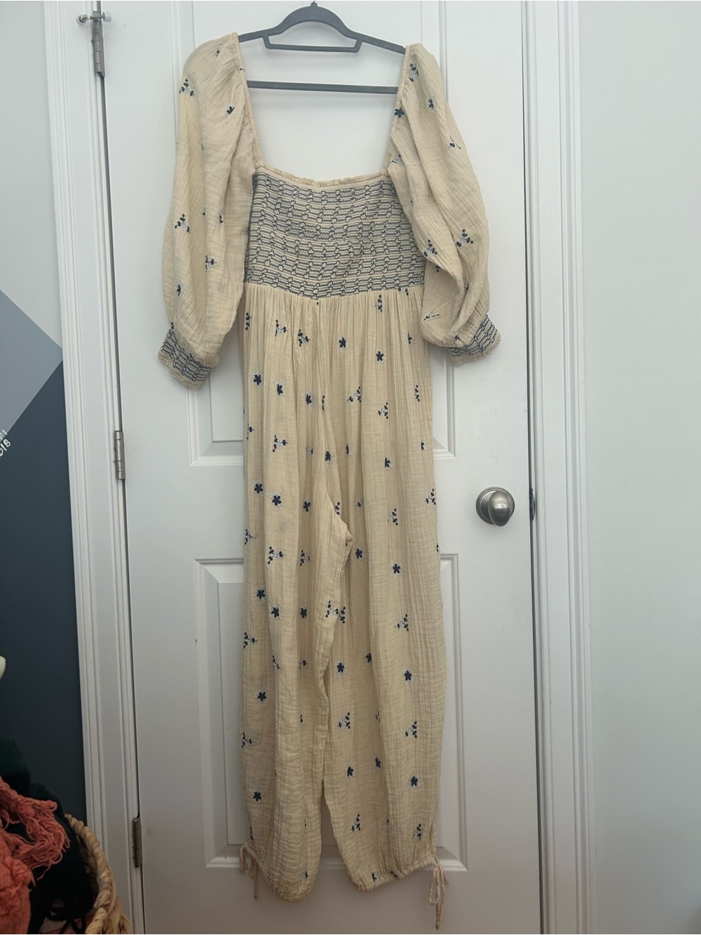 Free People Dahlia White Blue Embroidered Smocked Jumpsuit - Picture 6 of 8